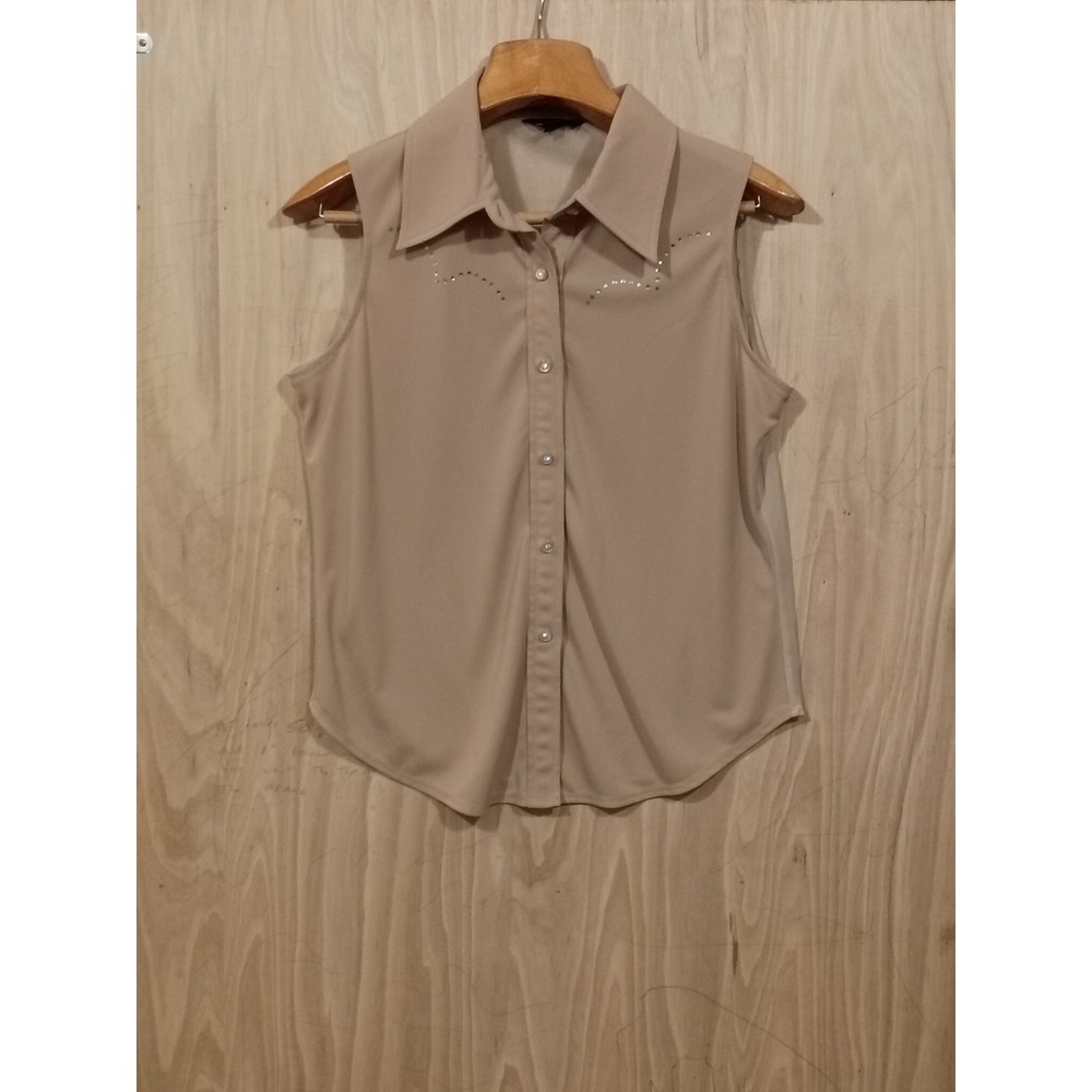 Western Ethics Beige Sleeveless Button Tank Top Rhinestone Sheer Mesh Back S XL.